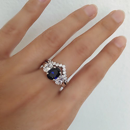 BLUE SAPPHIRE OVAL CUT DRESS RING & HALF ETERNITY V-SHAPE RING