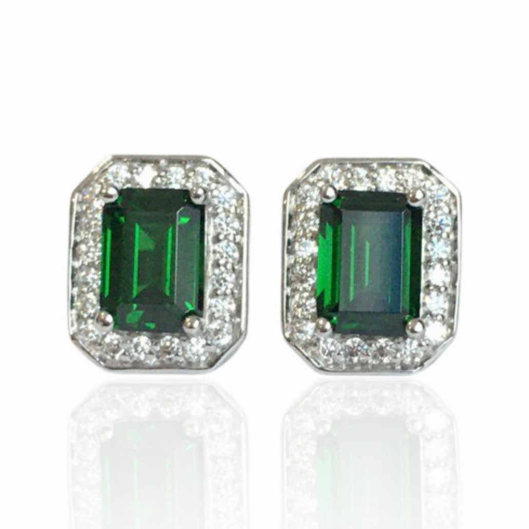 EMERALD CUT HALO EARRINGS