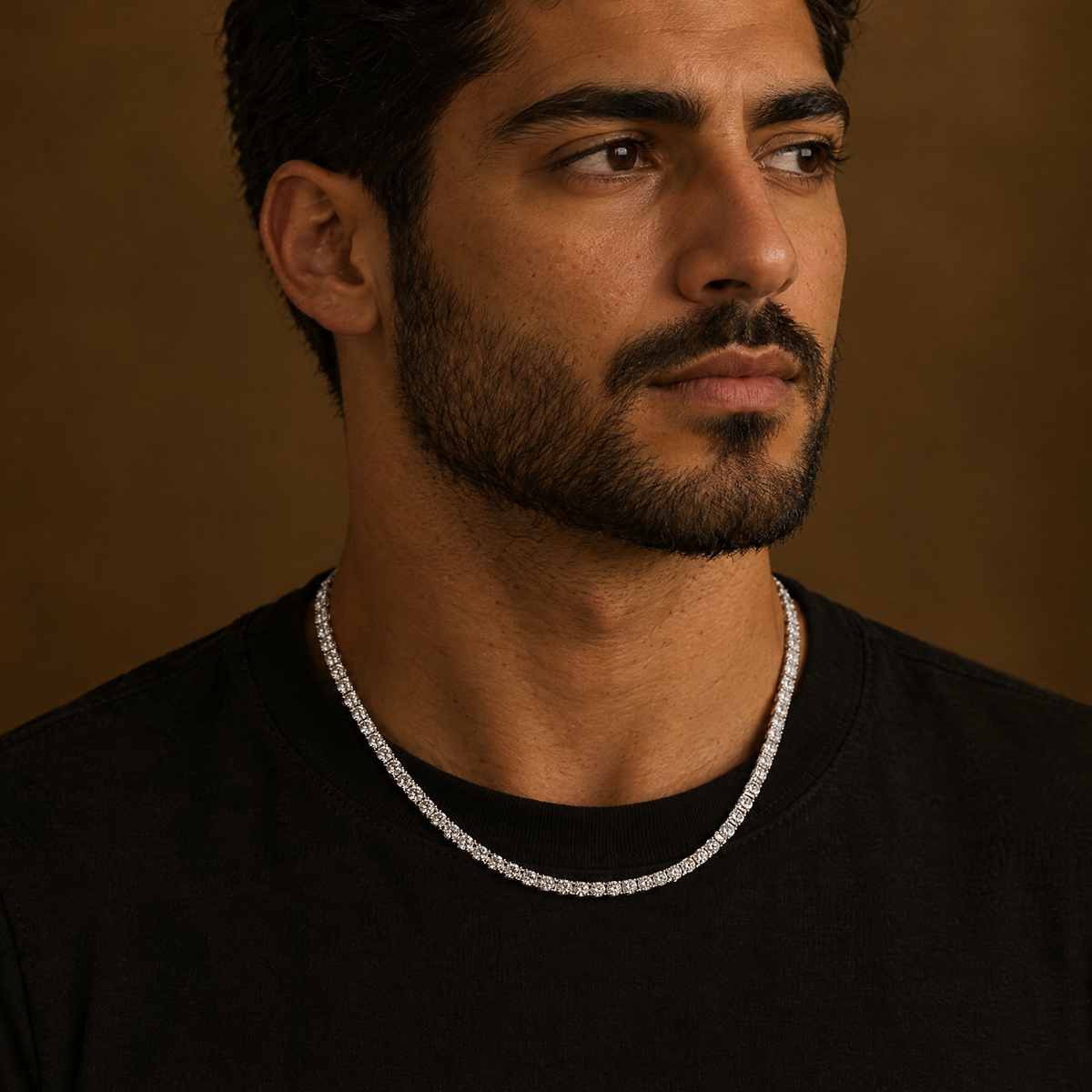 Men's 4MM Tennis Necklace in silver worn by an Arab male model