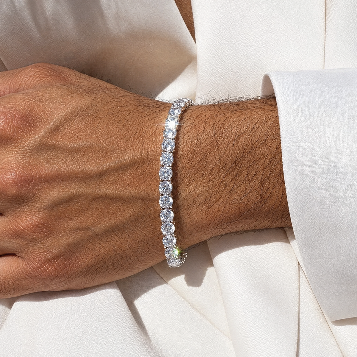 Men's 5MM Tennis Bracelet in silver worn by an Arab male model