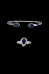 SAPPHIRE PEAR HALO RING WITH MATCHING SAPPHIRE & EMERALD PEAR BANGLE