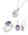 AMYETHYST OVAL BEZEL RING, PENDANT & DROP EARRING MATCHING SET