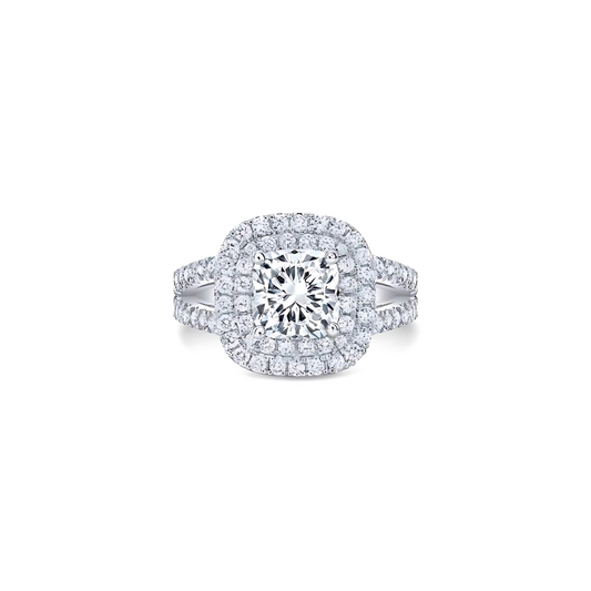 DOUBLE HALO CUSHION CUT RING WITH SURROUNDING BRILLIANTS