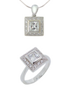 PRINCESS AND BRILLIANT CUT ANTIQUE RING WITH MATCHING ANTIQUE SQUARE PENDANT