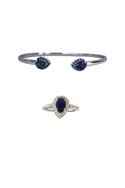 SAPPHIRE PEAR HALO RING WITH MATCHING SAPPHIRE & EMERALD PEAR BANGLE