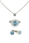 AQUA MARINE SOLITAIRE NECKLACE WITH MATCHING HALO RING AND AQUA MARINE STUDS