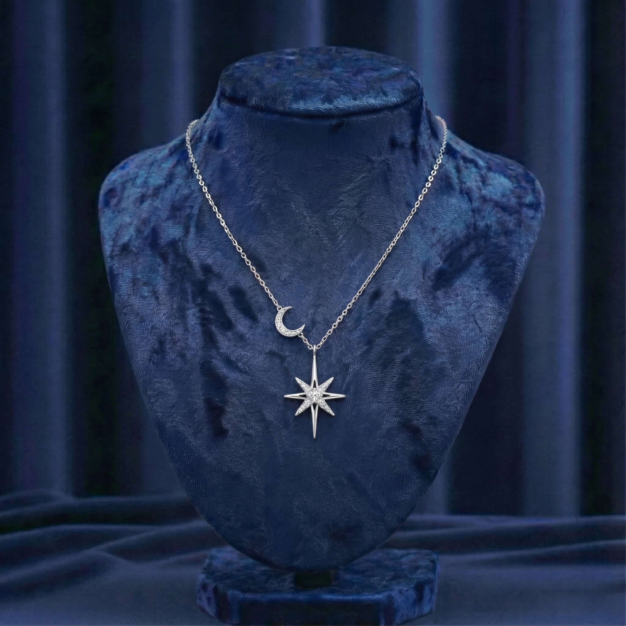 Star and Moon pendant- WHITE GOLD