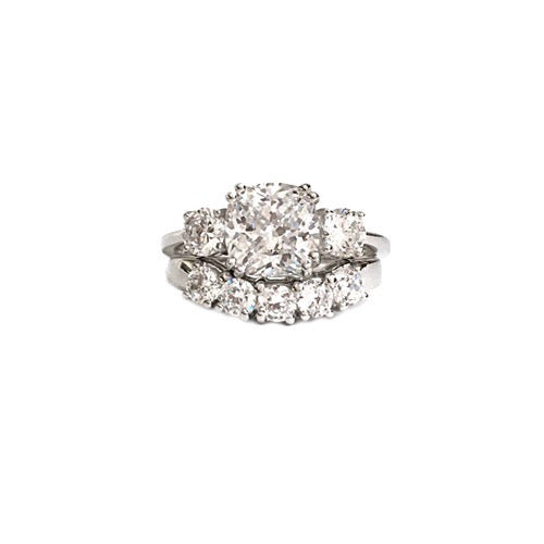 CUSHION CUT RING WITH SIDE DIAMONDS & FIVE STONE CURVED BAND