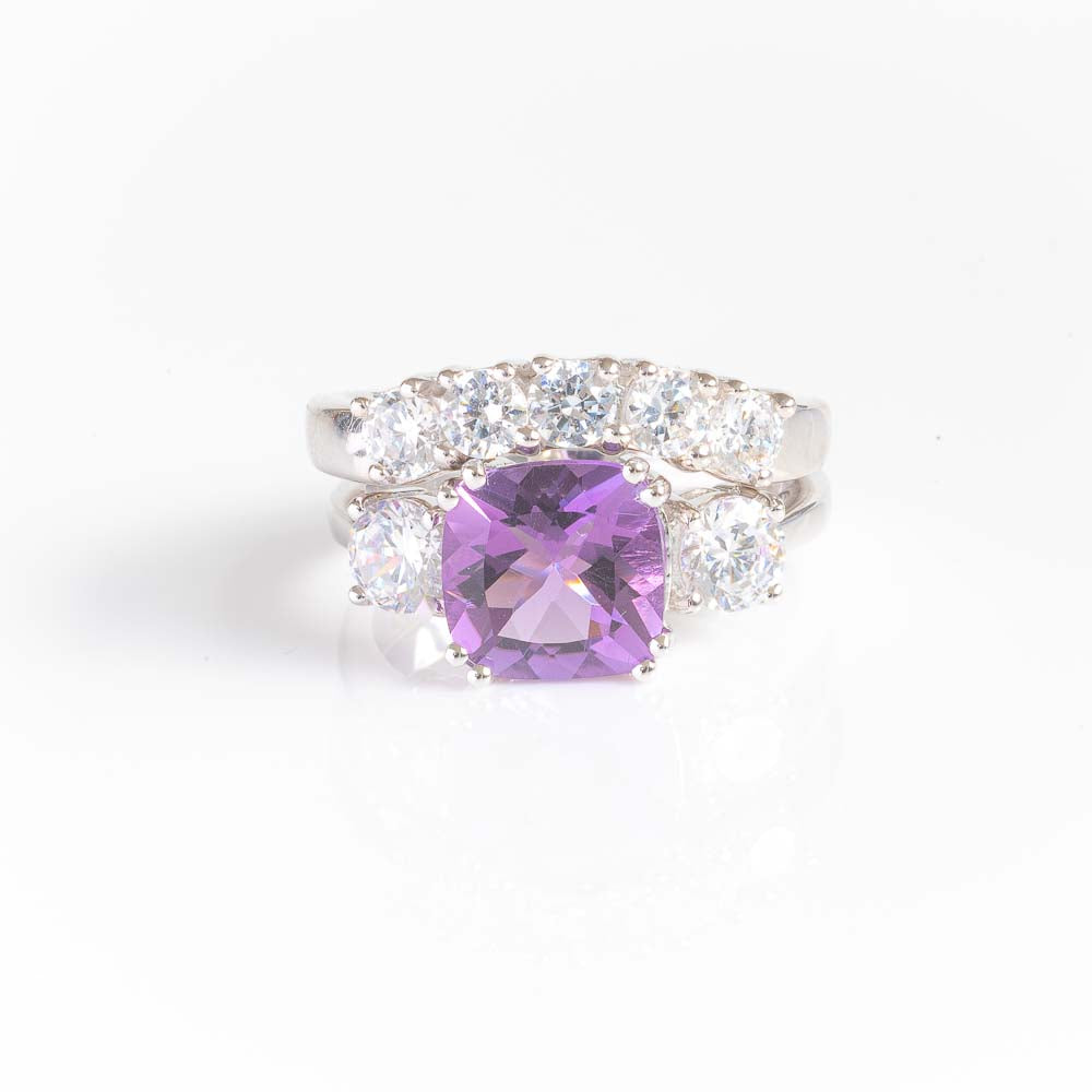 CUSHION CUT RING WITH SIDE DIAMONDS & FIVE STONE CURVED BAND