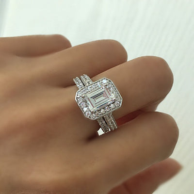 EMERALD CUT HALO RING WITH 3/4 ETERNITYBAND