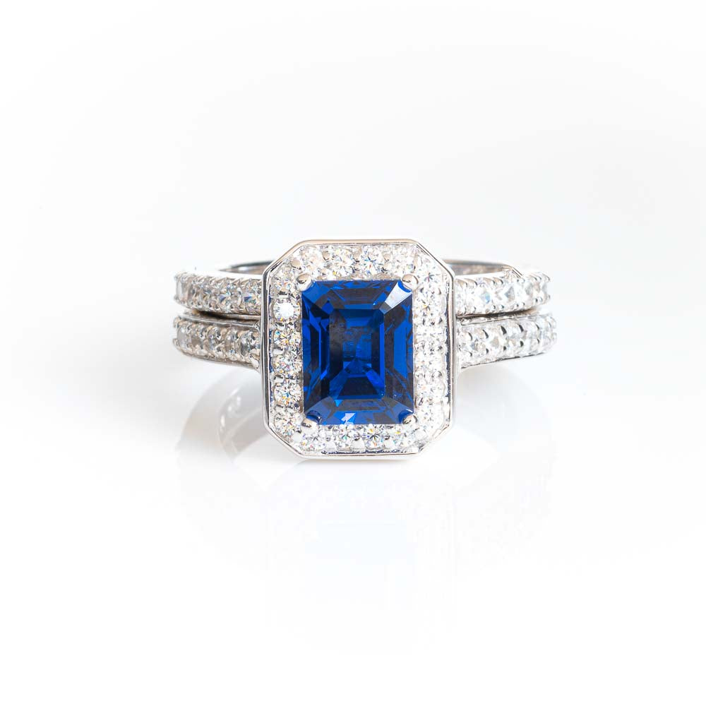 EMERALD CUT HALO RING WITH 3/4 ETERNITYBAND