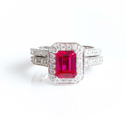 EMERALD CUT HALO RING WITH 3/4 ETERNITYBAND