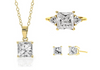 YELLOW GOLD PRINCESS & TRILLION CUT RING WITH MATCHING PENDANT AND PRINCESS CUT EARRINGS