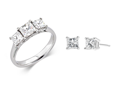 3 STONE PRINCESS CUT RING WITH MATCHING 3CT PRINCESS EARRINGS