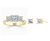 3 STONE PRINCESS CUT RING WITH MATCHING 3CT PRINCESS EARRINGS