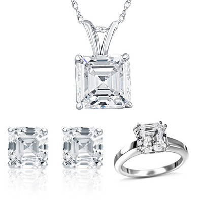 ASSCHER CUT PENDANT WITH MATCING SOLITAIRE RING AND STUD EARRINGS