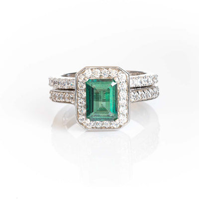 EMERALD CUT HALO RING WITH 3/4 ETERNITYBAND